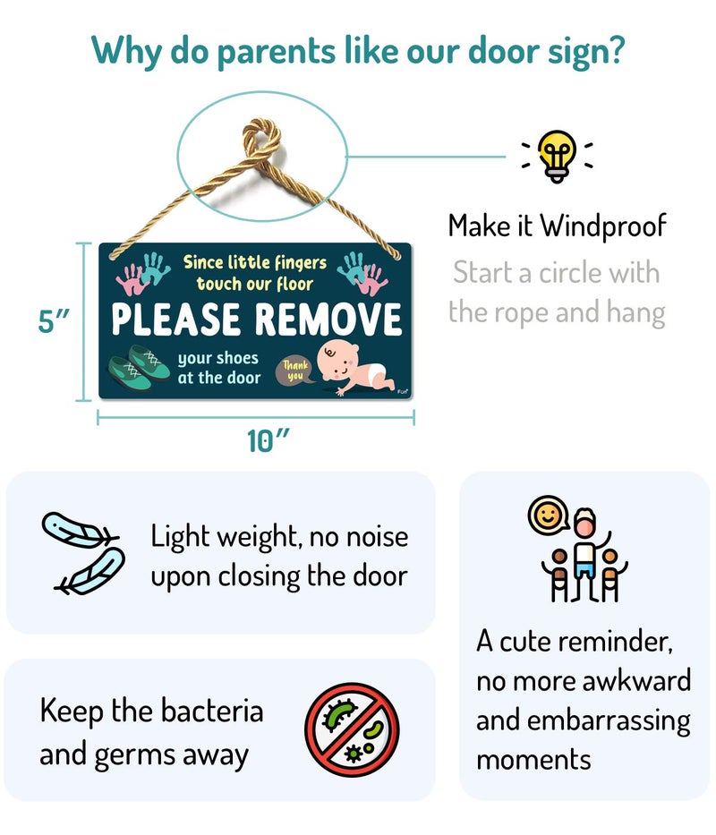 Fun-Plus Please Take Your Shoes Off - Remove Your Shoes Sign - 10â€³x5â€³ PVC Plastic Hanging Sign- Since Little Fingers Touch Our Floor - Image 2